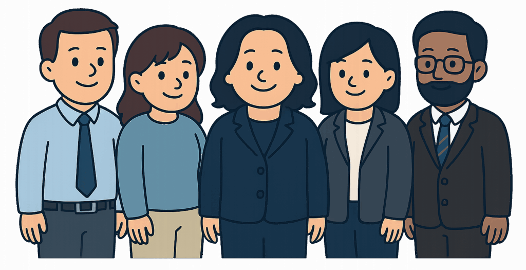 社長と多様なメンバーが並び、伴走を示す集合イラスト