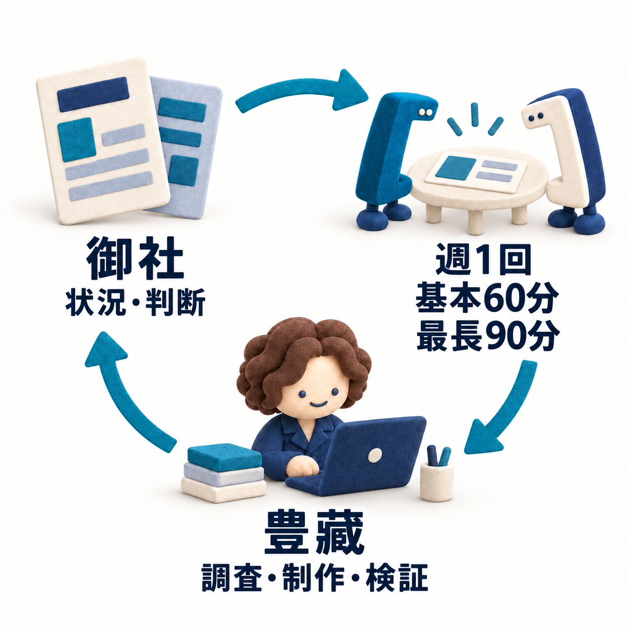 御社が状況と判断を共有し、週1回、基本60分、議論が必要な回は最長90分で一緒に確認。豊藏が打ち合わせのあいだに調査・制作・検証を進める繰り返し。