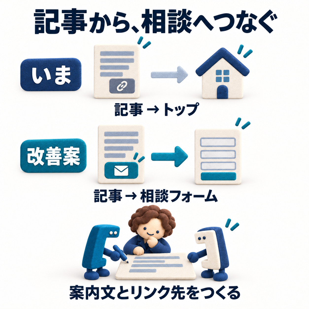 記事から相談へつなぐ。いまは記事からトップページへ。改善案は記事から相談フォームへ。案内文とリンク先を一緒につくる。