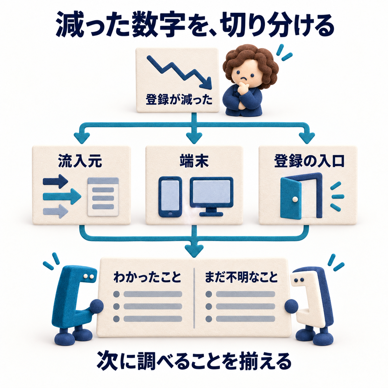 減った数字を切り分ける。登録の減少を流入元、端末、登録の入口に分けて調査。わかったこととまだ不明なことを整理し、次に調べることを揃える。