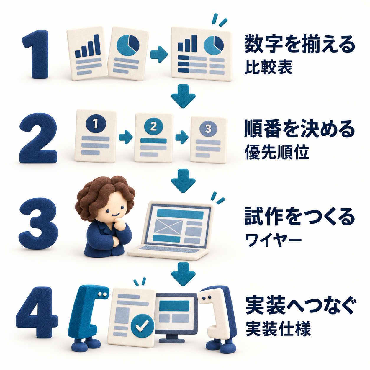 1 数字を揃えて比較表にする。2 順番を決めて優先順位を揃える。3 試作をつくりワイヤーにする。4 実装仕様を用意して実装へつなぐ。