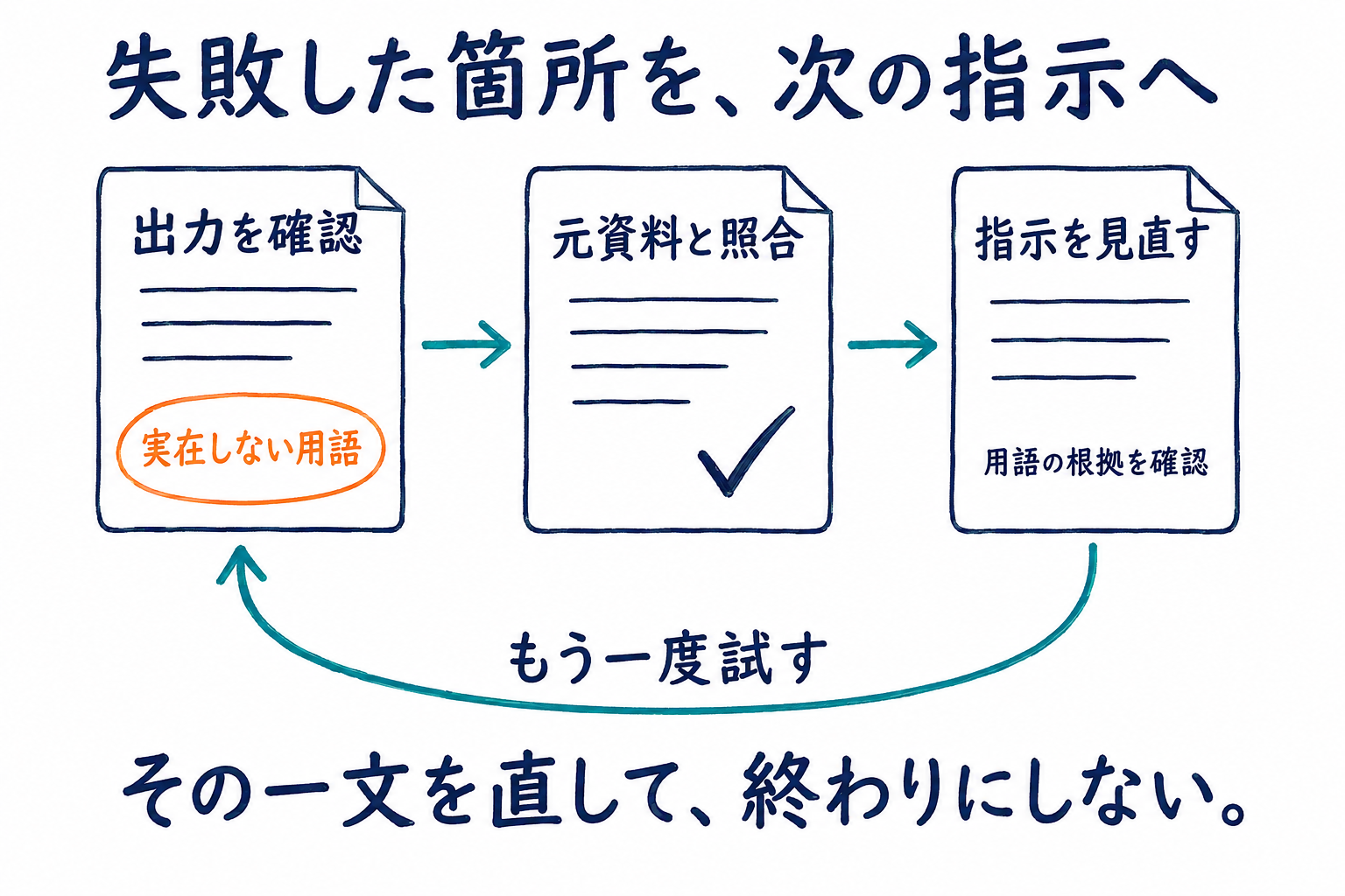 誤った出力を元資料と照合し、指示を見直して再度試す。