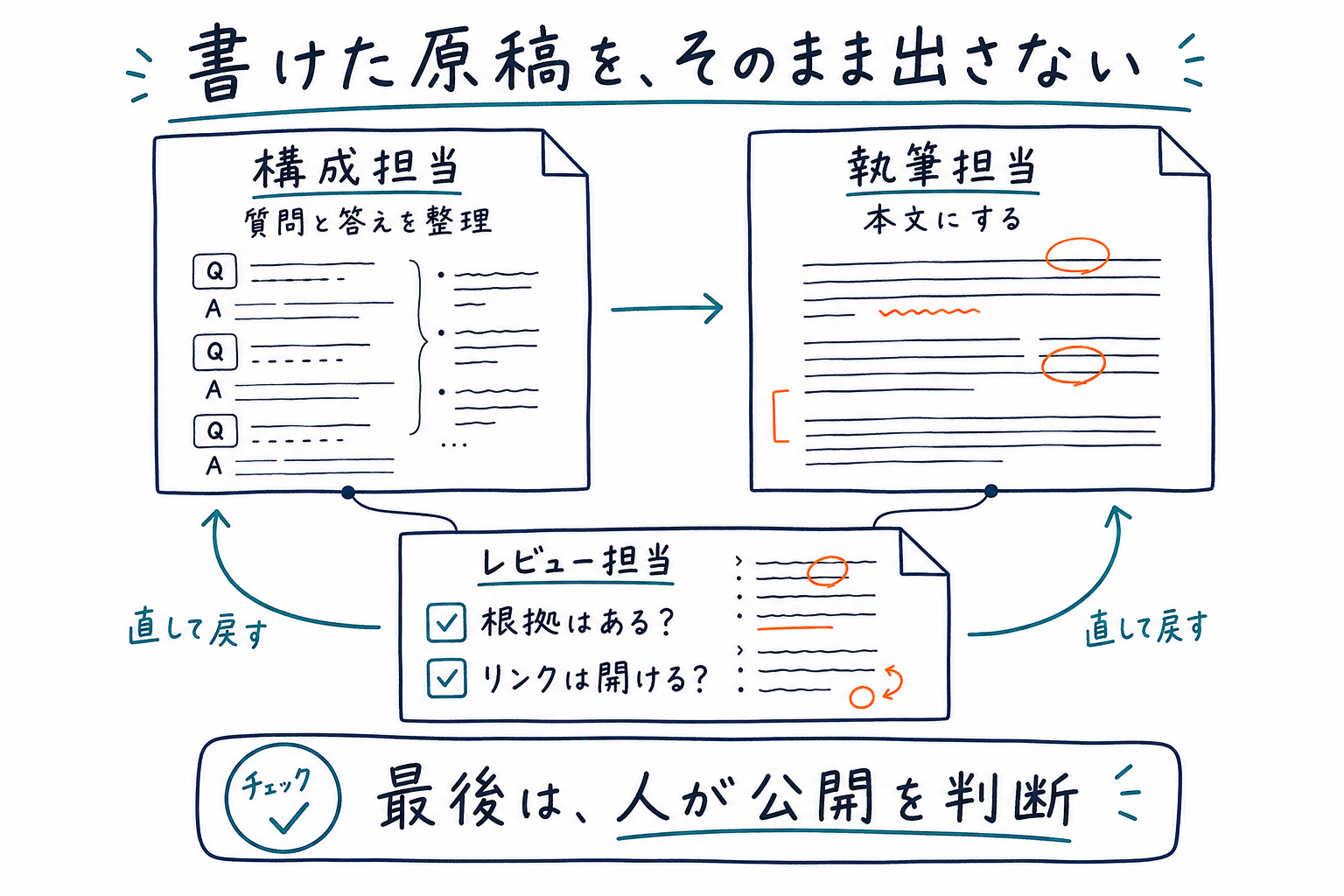 構成担当が質問と答えを整理し、執筆担当が本文を作成。レビュー担当が元資料と照合し、修正を戻す。最後に人が公開を判断する。