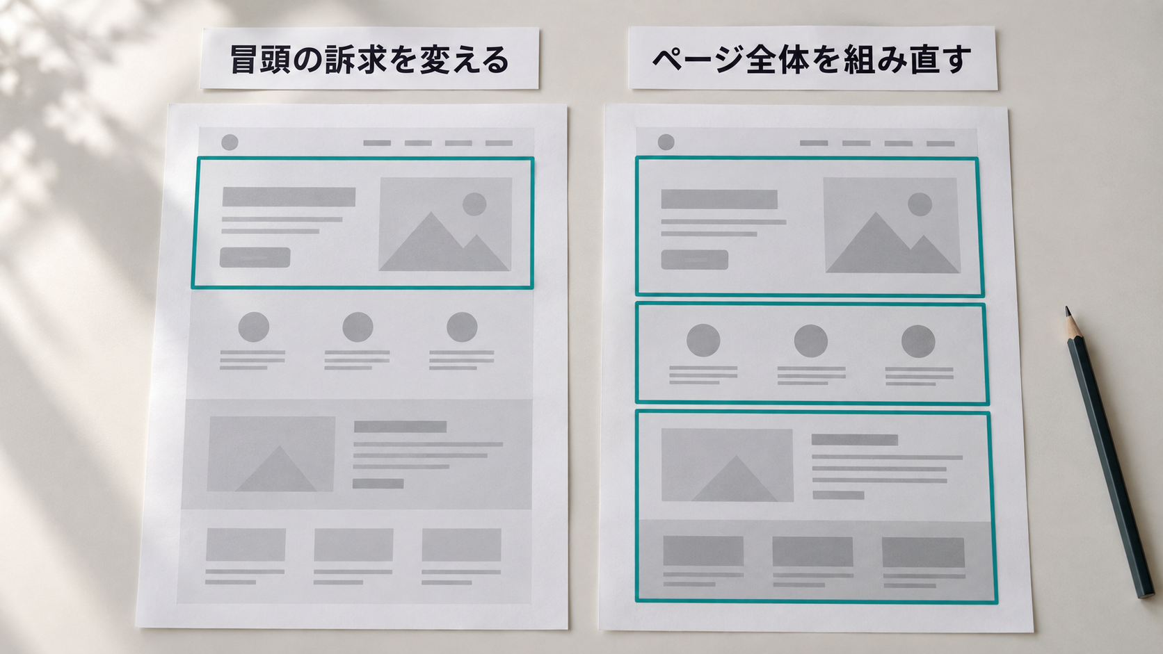 冒頭の訴求を変える場合と、ページ全体を組み直す場合で、LPの見直す範囲が違うことを示す紙の構成案