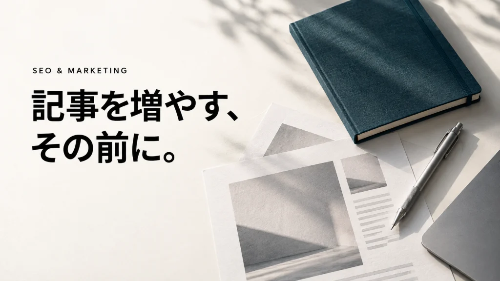 記事を増やす、その前に。ノートと資料を机に広げた写真調の表紙